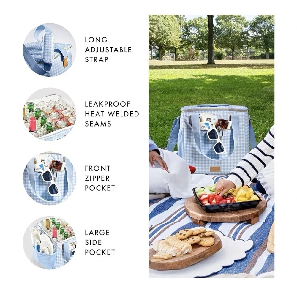 24-Can Soft Cooler Bag Insulated Leak-Resistant Portable Soft Blue Gingham